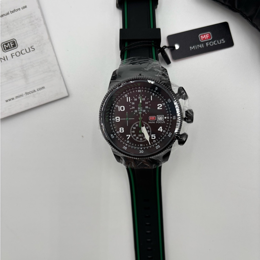 Mini Focus Men's Sport Watch Black‎ Green Silicone Band Chronograph